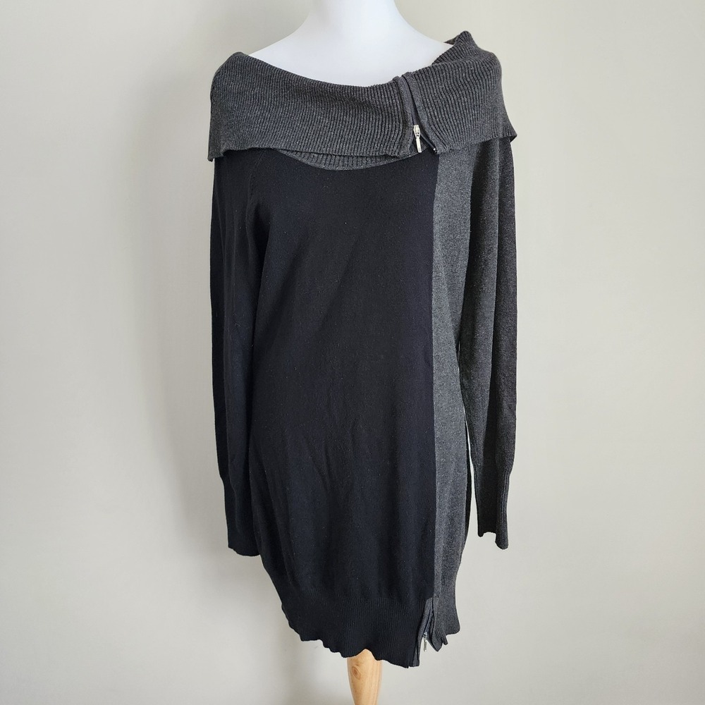 Melanie Lyne Sweater Dress Womens Medium‎ Knit Gray Black Colorblock Mini Casual